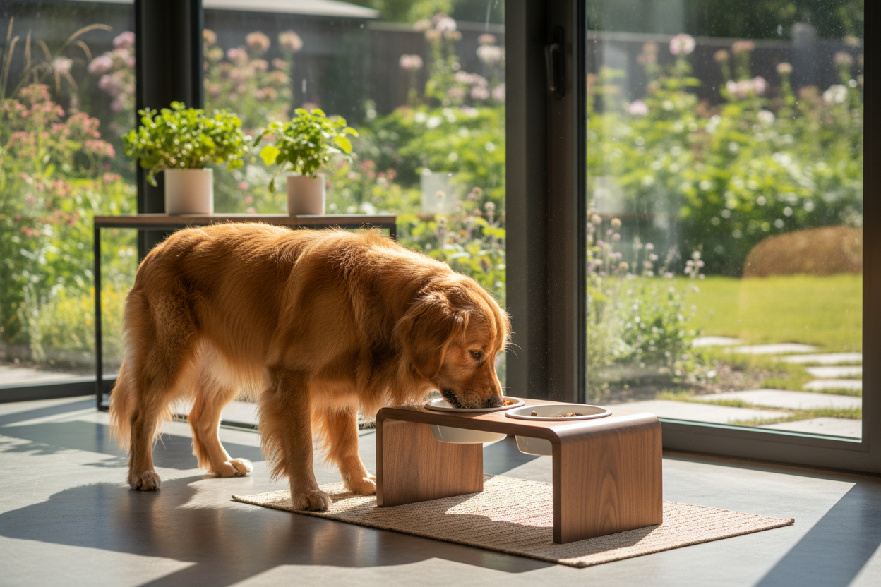 A dog eating from a stylish pet feeder, bright natural light